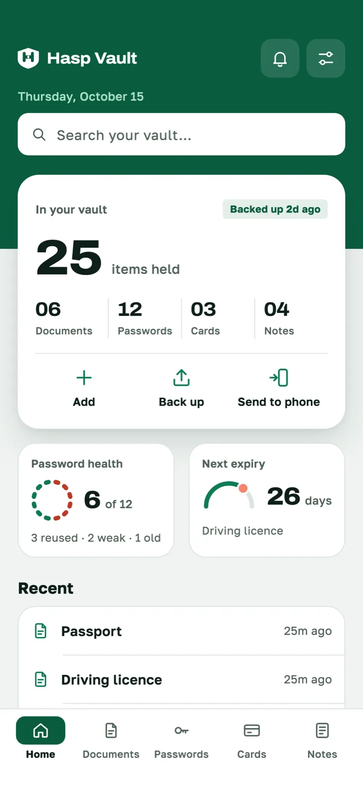 Hasp Vault home screen showing 25 items held, with the number of documents, passwords, cards and notes, password health and the next expiry date.