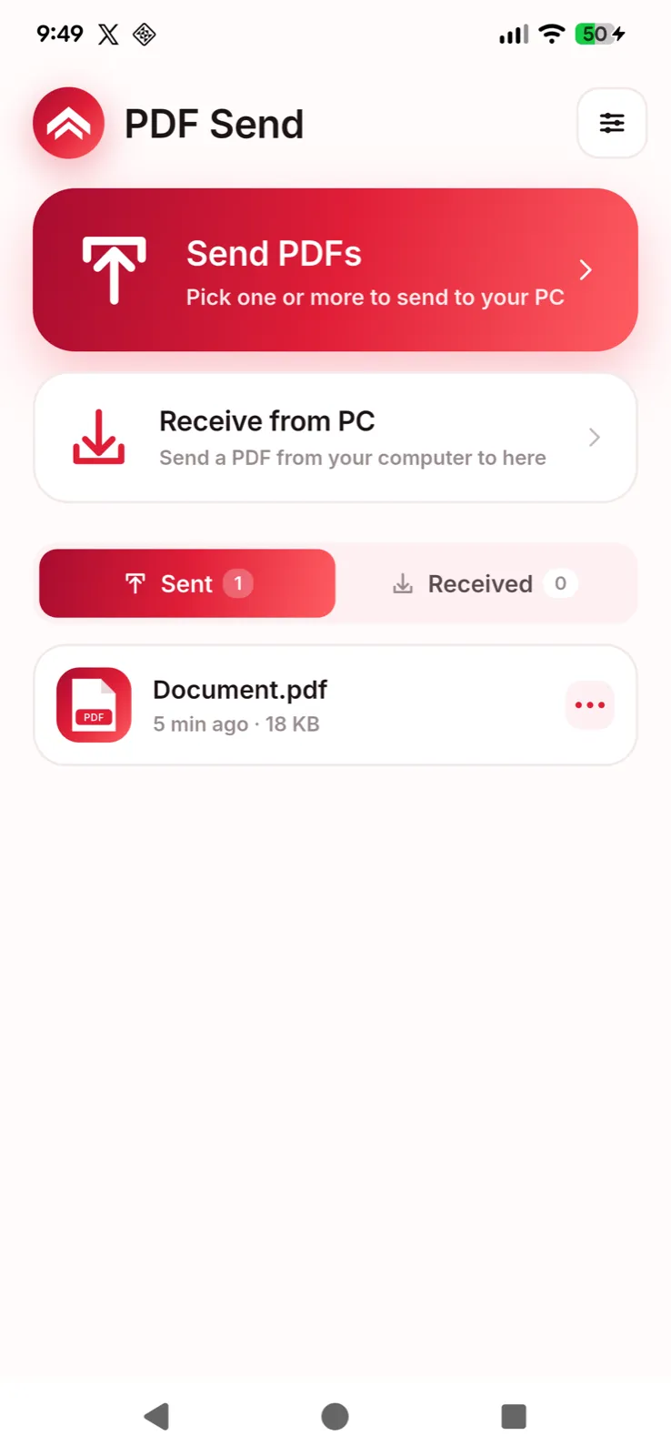PDF Send home screen with Send PDFs and Receive from PC buttons above a list of sent files.