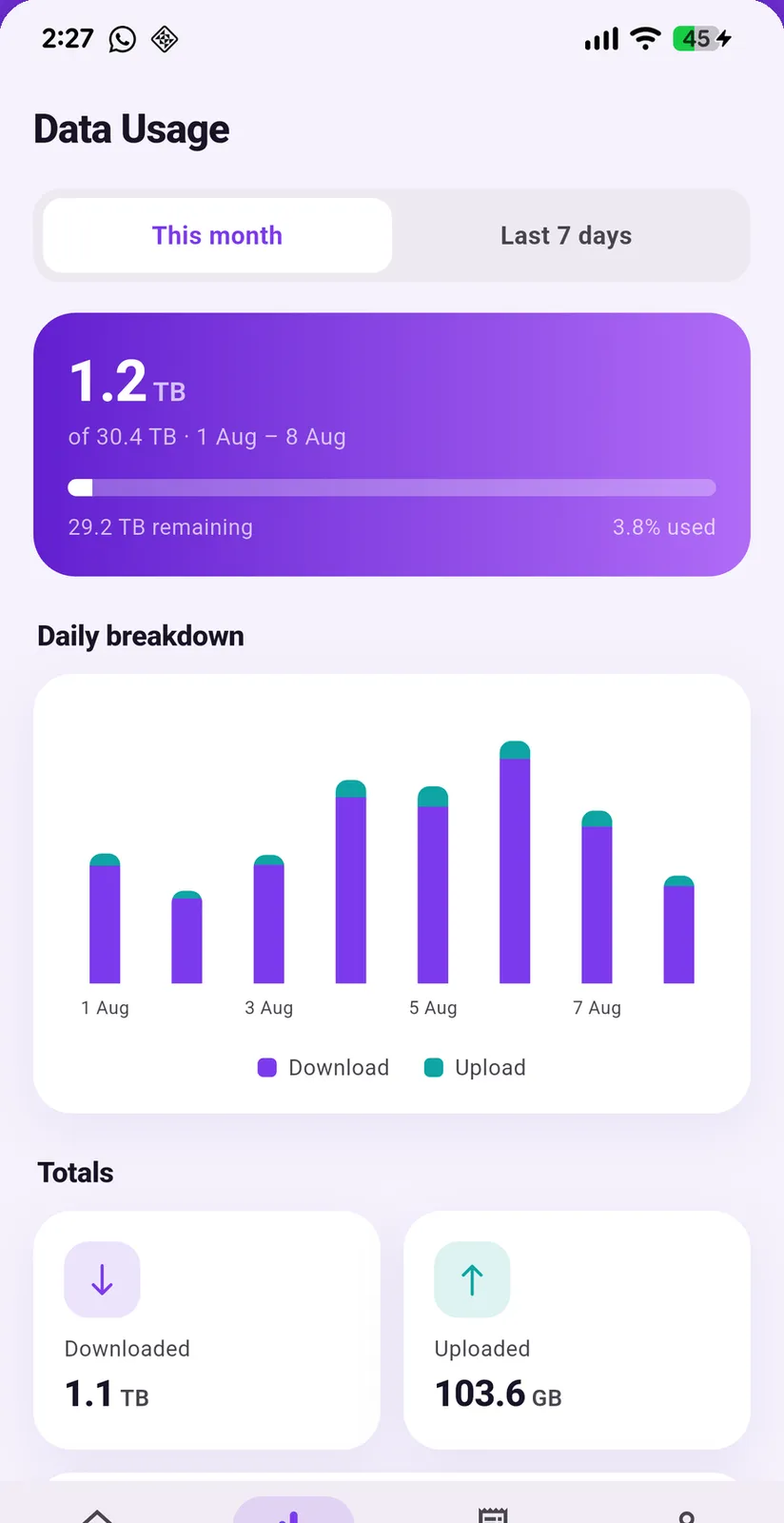 Data Usage screen showing 1.2 TB used of a 30.4 TB allowance this month, with a daily chart of downloads and uploads.