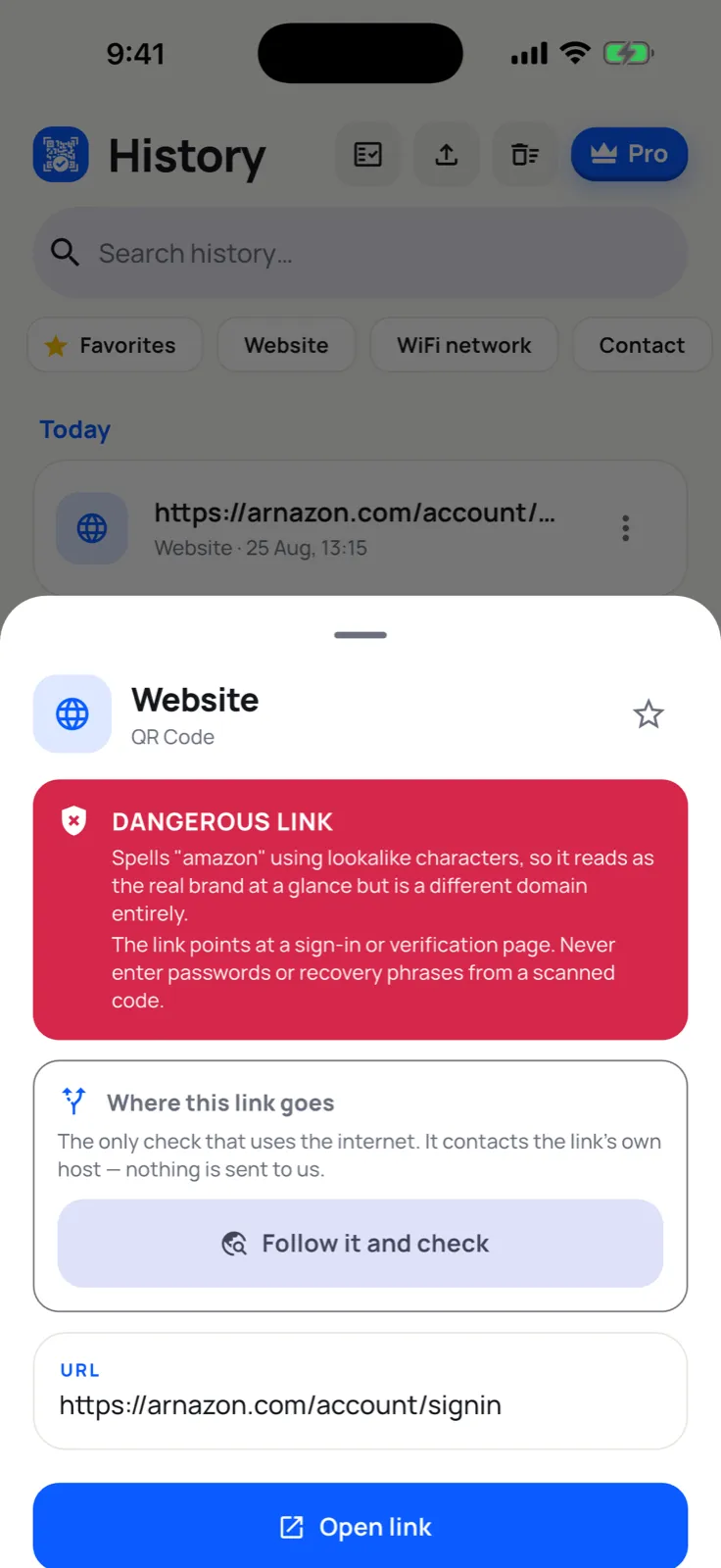 A scanned link marked as dangerous, with the reasons listed and a button to follow the link and check it.