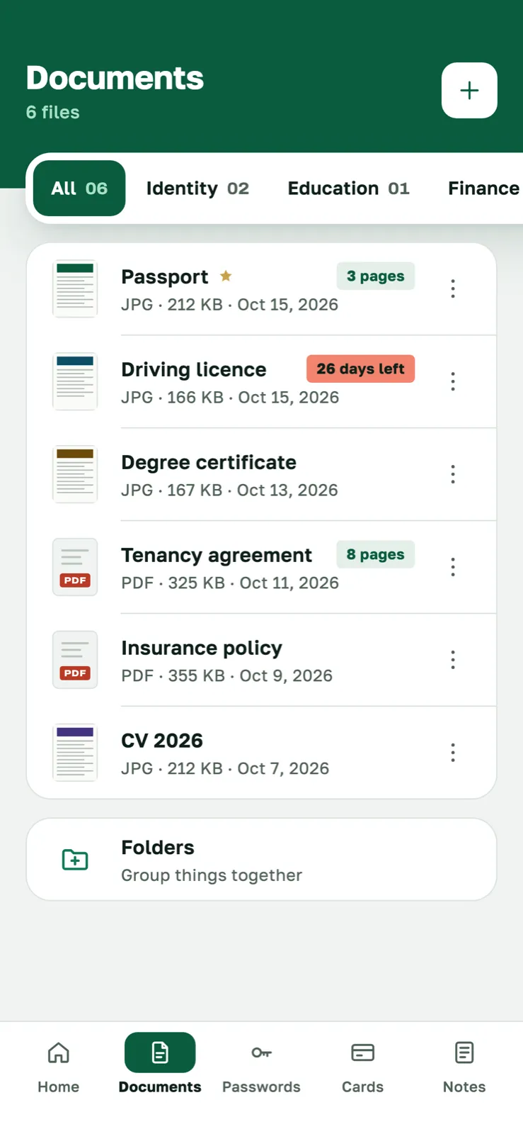 Documents screen listing a passport, a driving licence, a degree certificate, a tenancy agreement, an insurance policy and a CV.