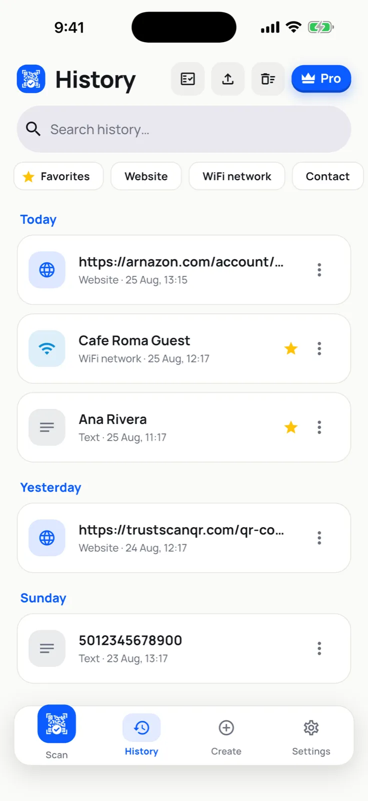 Scan history listing a website link, a Wi-Fi network and a contact, with search and favourites.