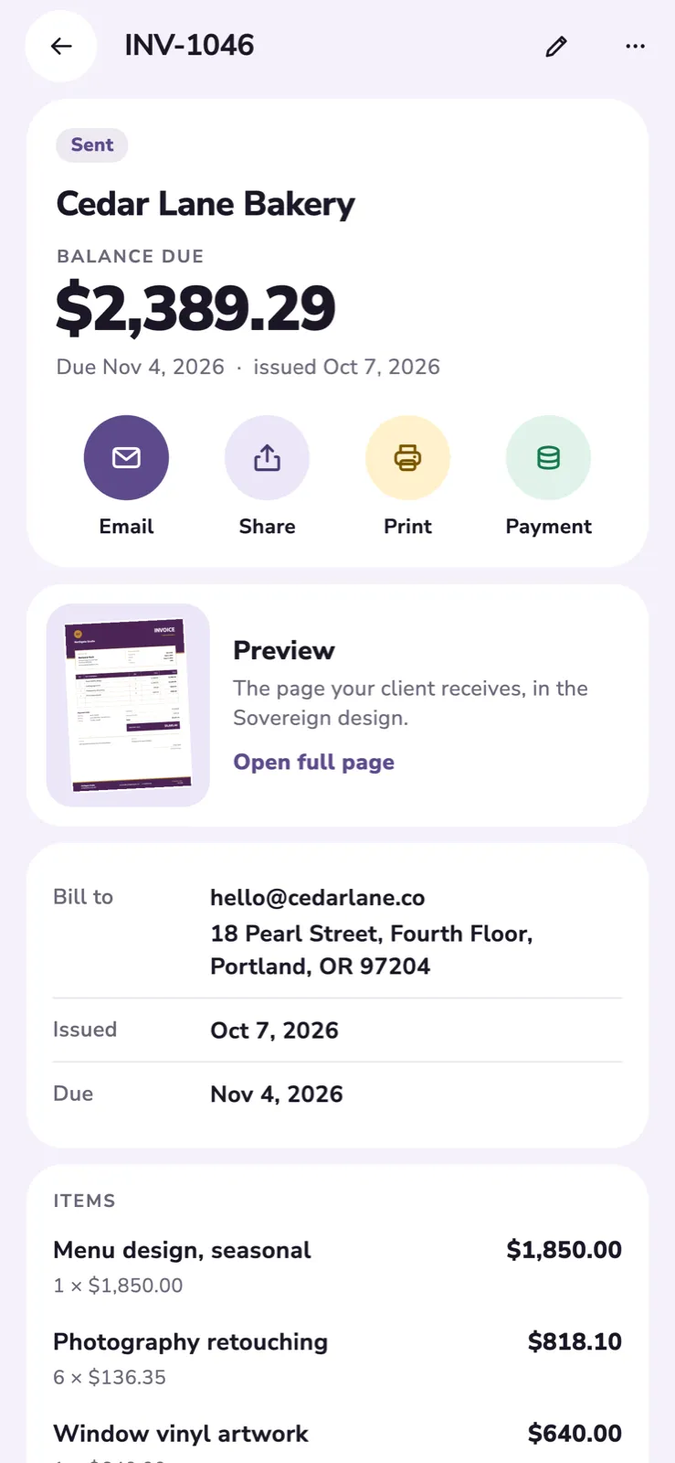 An invoice for Cedar Lane Bakery with the balance due and buttons to email, share, print or record a payment.