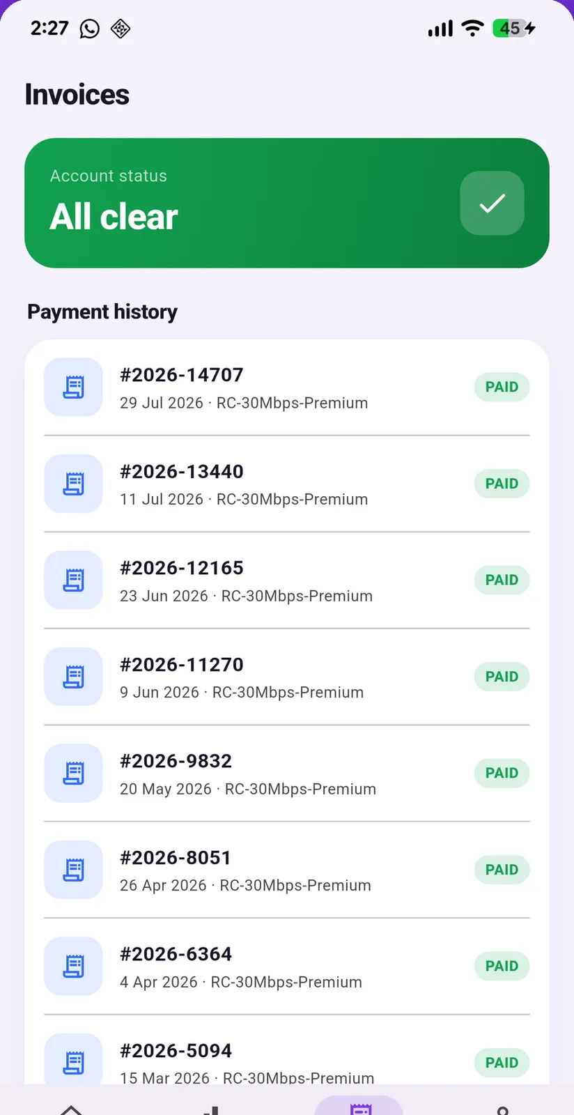 Invoices screen with the account status "All clear" and a payment history in which every bill is marked paid.