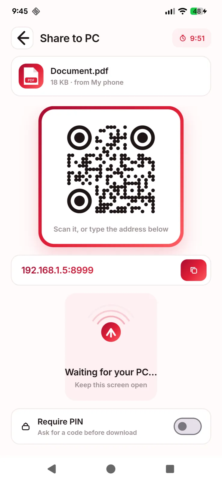 Share screen showing a QR code and a short local address to open on the computer.