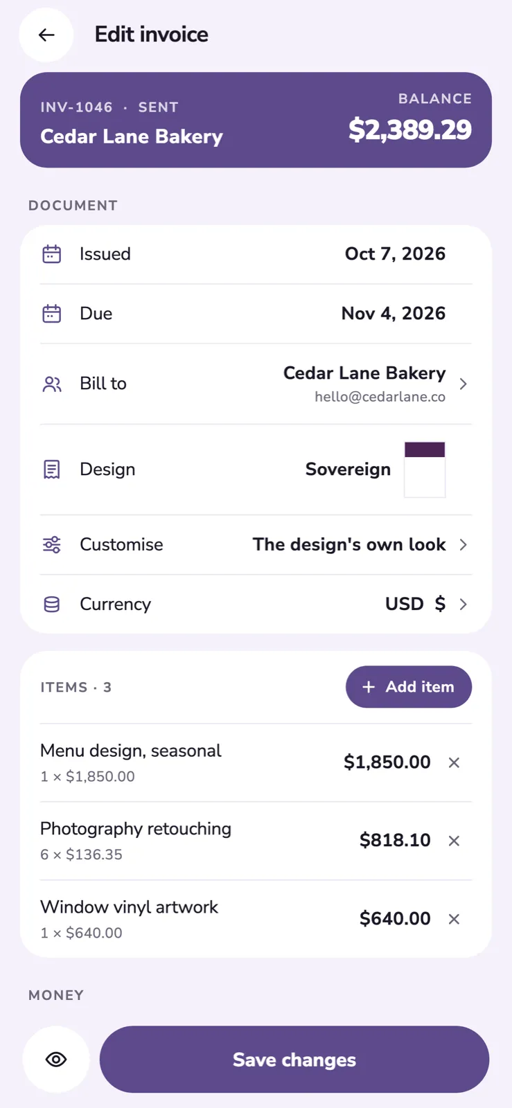 Invoice editor with the dates, the client, the chosen design and the items being billed.
