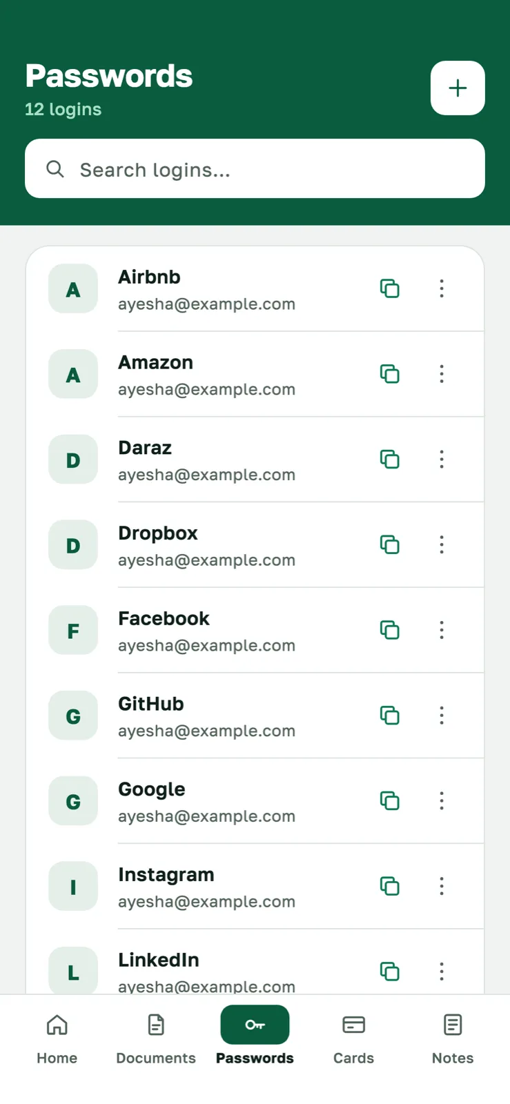 Passwords screen listing saved logins, each with a copy button.