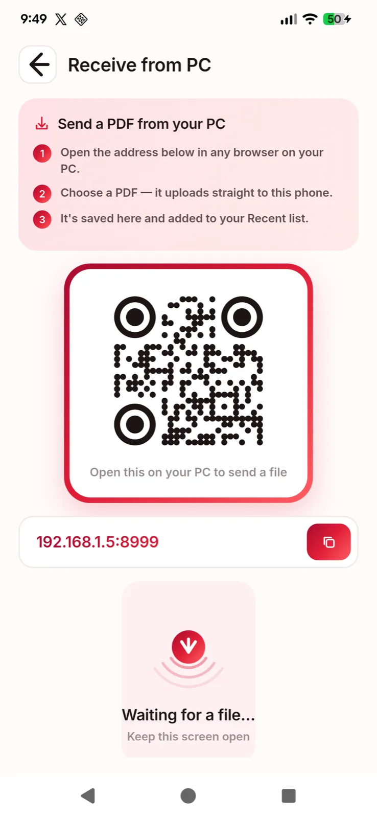 Receive from PC screen with three steps, a QR code and the address to open on the computer.