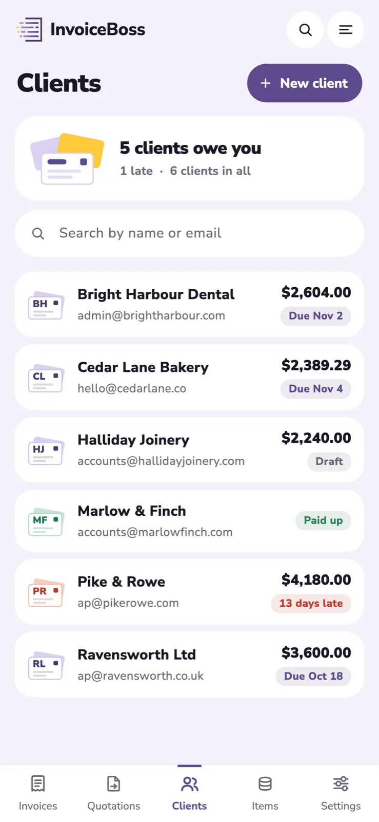 Clients screen listing six clients with what each one owes.