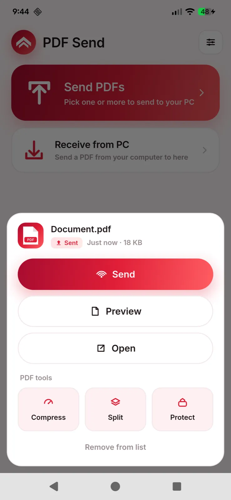 File menu with Send, Preview and Open, and the PDF tools Compress, Split and Protect.
